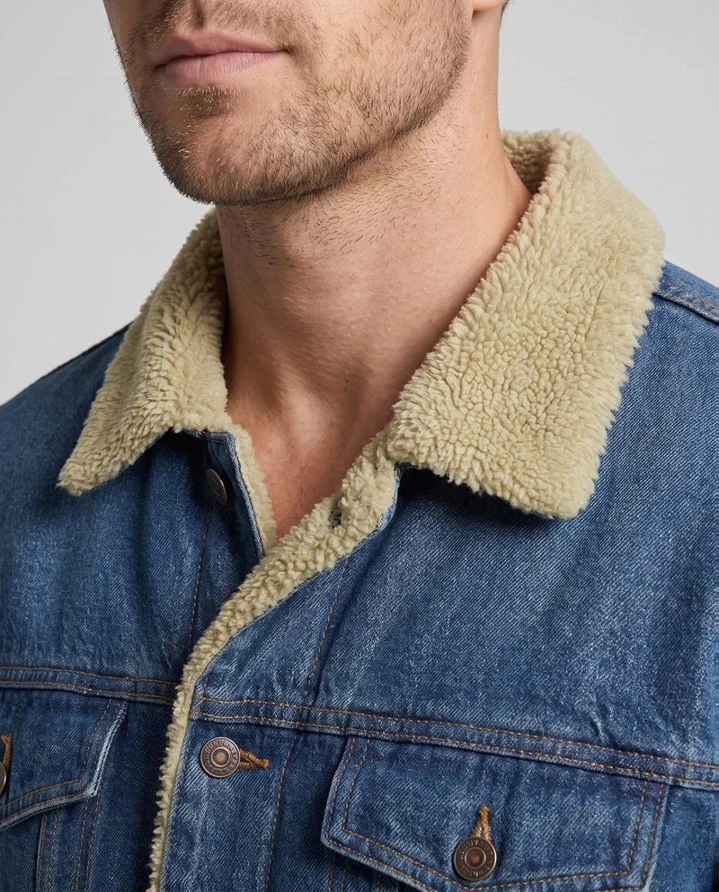 Herren Gefütterte Denim-Truckerjacke mit Teddyfutter und Kontrastnähten Nord Taschen