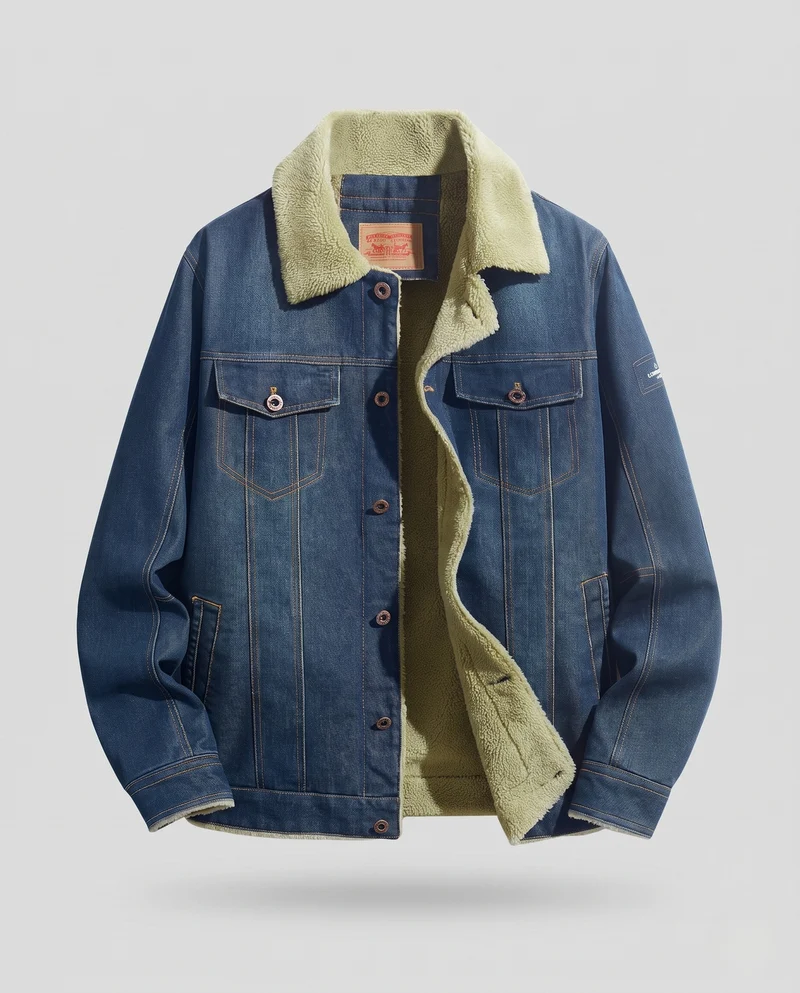 Herren Gefütterte Denim-Truckerjacke mit Teddyfutter und Kontrastnähten Nord Taschen