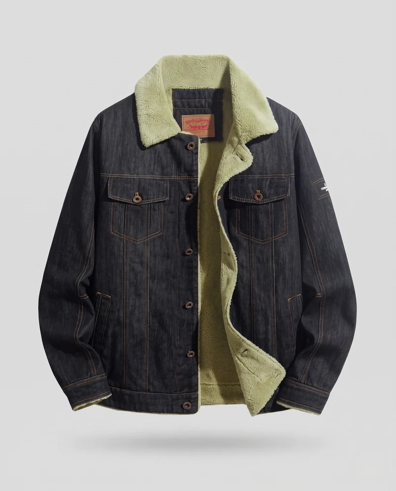 Herren Gefütterte Denim-Truckerjacke mit Teddyfutter und Kontrastnähten Nord Taschen