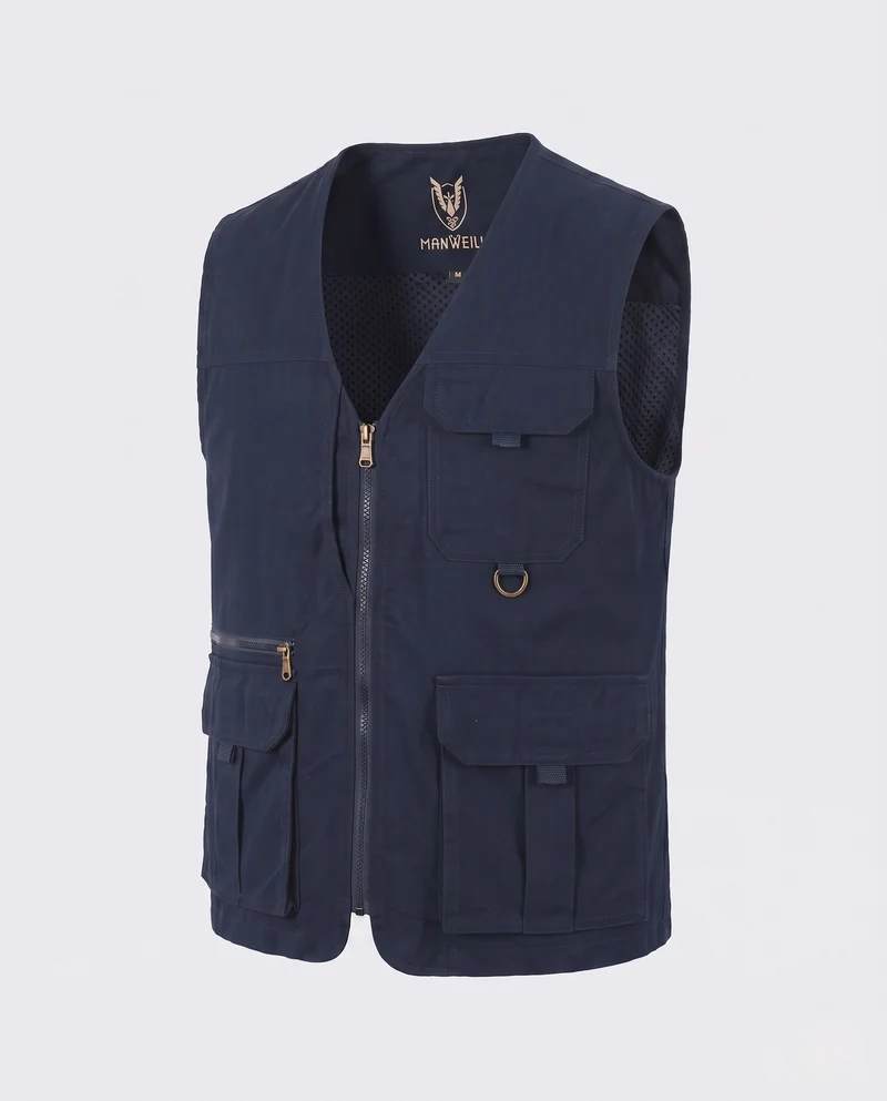 Herren Multifunktionale Cargo-Utility-Weste mit Reißverschluss, Mesh‑Futter und D‑Ring Nord Taschen