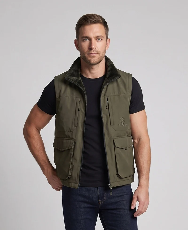 Herren Multifunktionale Outdoor-Weste mit hohem Kragen, Reißverschluss und Mehrfach-Taschen Nord Taschen