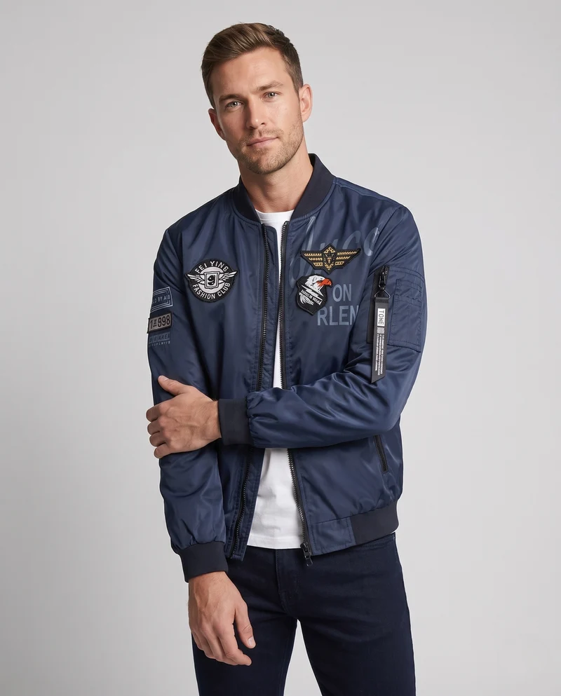 Herren Satin-Bomberjacke im Pilot-Design mit gestickten Patches und Mehrfachtaschen Nord Taschen