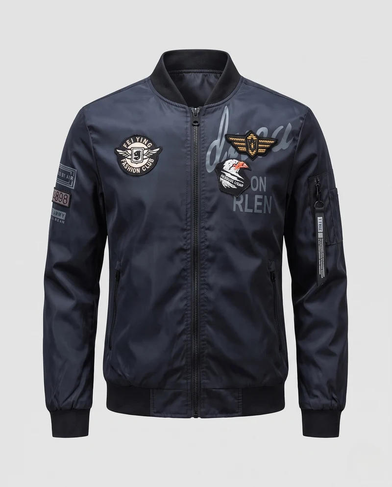 Herren Satin-Bomberjacke im Pilot-Design mit gestickten Patches und Mehrfachtaschen Nord Taschen