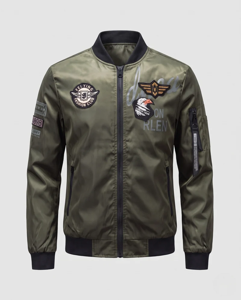 Herren Satin-Bomberjacke im Pilot-Design mit gestickten Patches und Mehrfachtaschen Nord Taschen