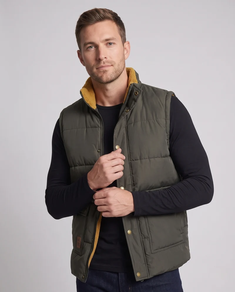 Herren Steppweste mit Teddyfutter, hochschließendem Kragen und Multifunktionstaschen Nord Taschen