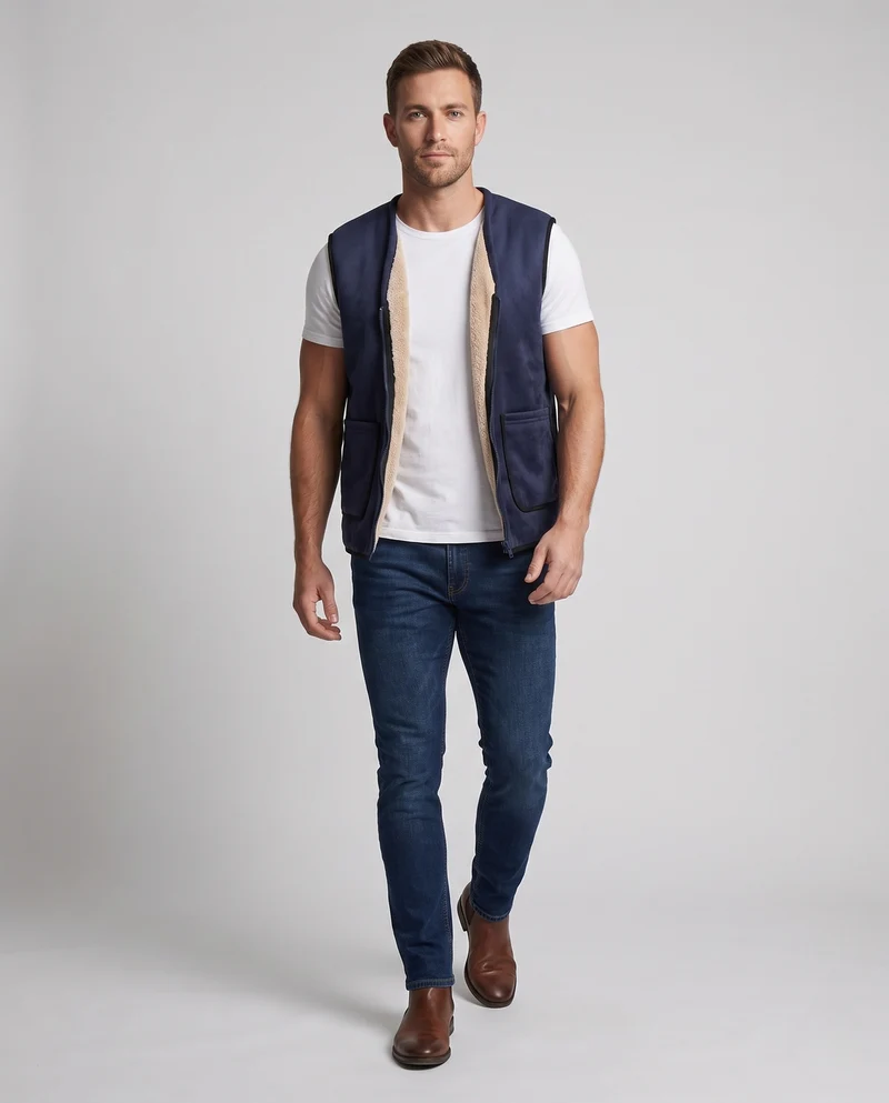 Herren Wattierte Thermo-Sherpaweste mit weichem Fleecefutter und Frontreißverschluss Nord Taschen