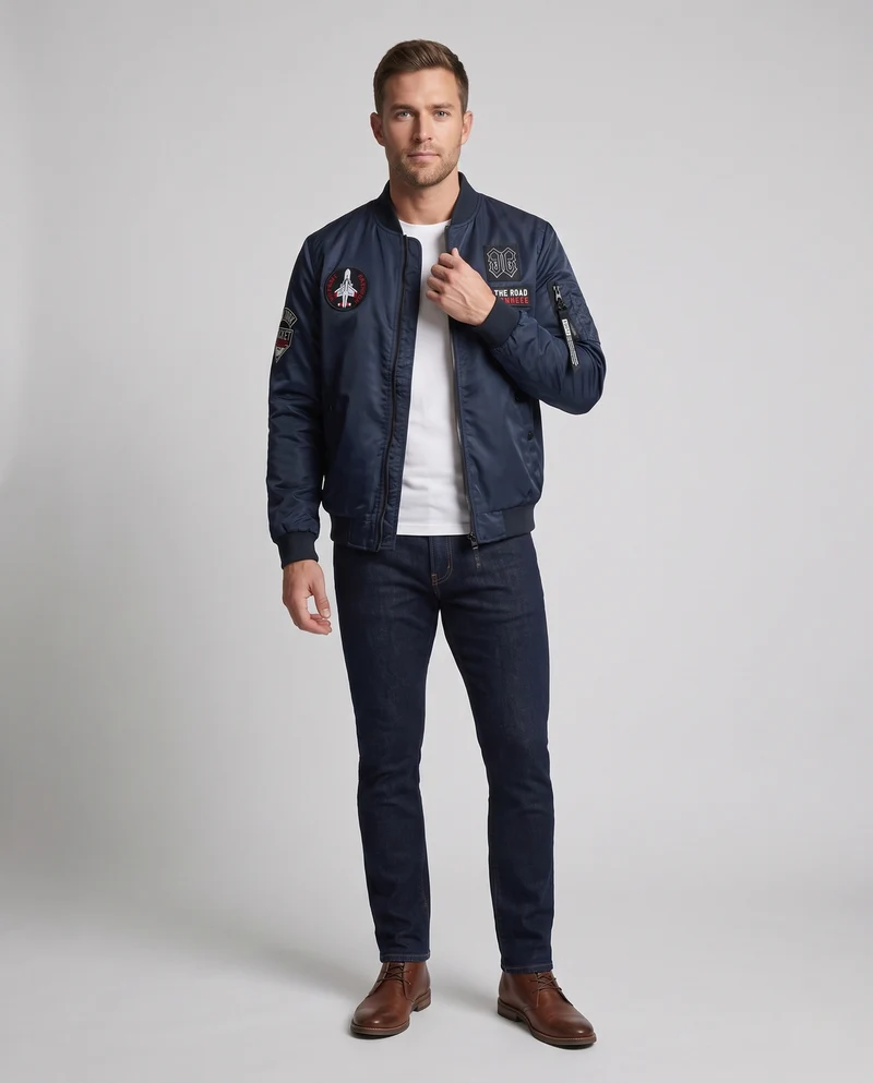 Herren Wende-Bomberjacke mit aufgesetzten Patches, Nylon-Außenmaterial und Ärmel-Zip-Tasche Nord Taschen