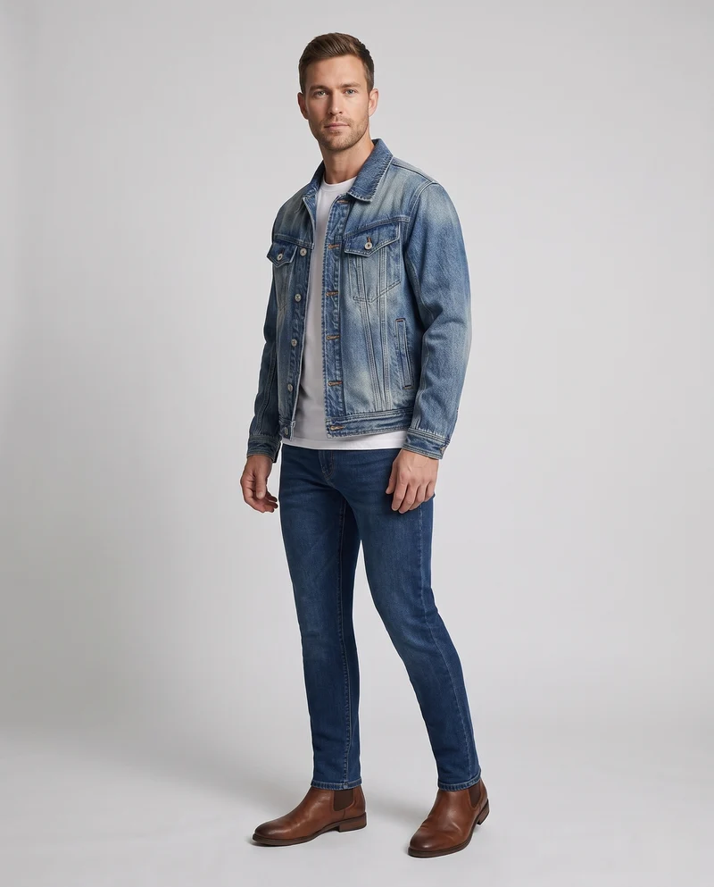 Herren leichte Vintage-Denimjacke im Trucker-Schnitt mit Brustpatten und gerader Passform Nord Taschen