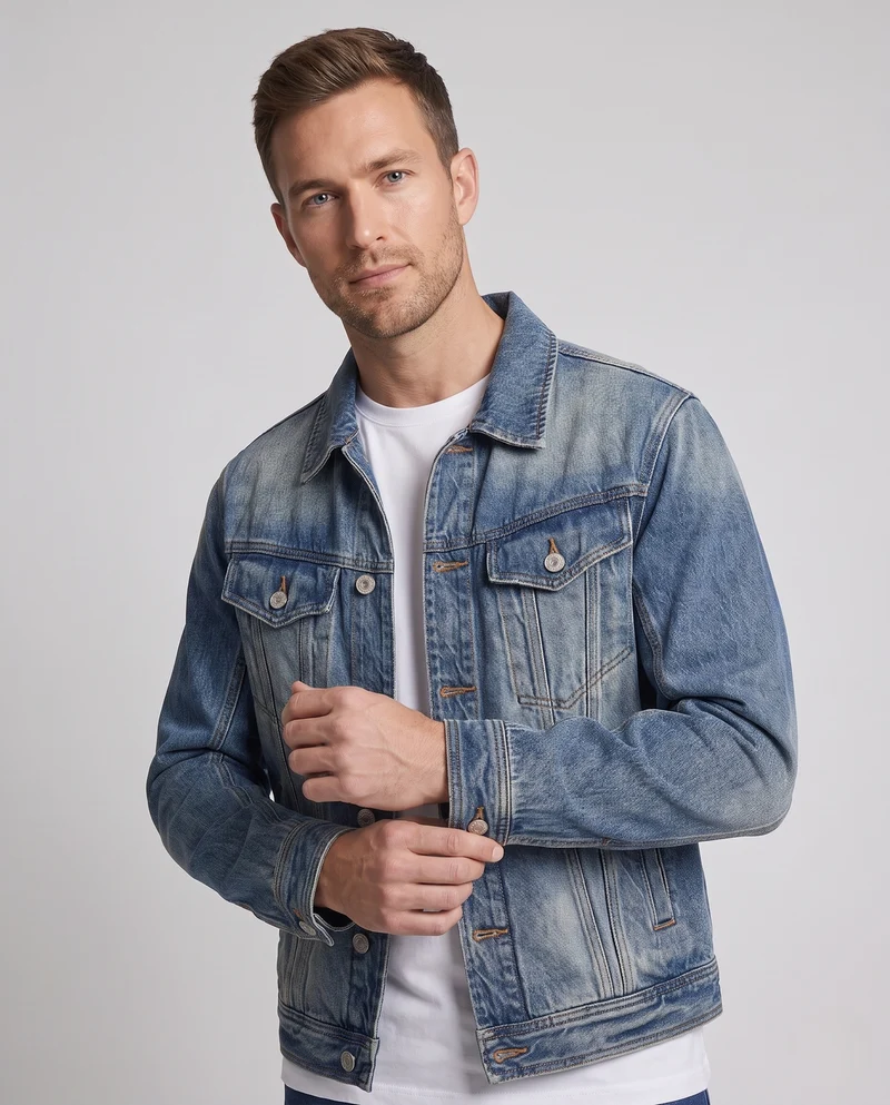 Herren leichte Vintage-Denimjacke im Trucker-Schnitt mit Brustpatten und gerader Passform Nord Taschen