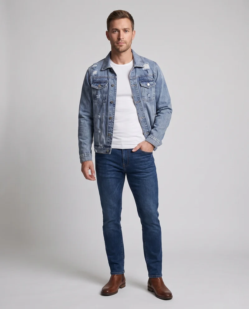 Herren Leichte Ripped-Denimjacke im Trucker-Schnitt mit Brustklappen Nord Taschen