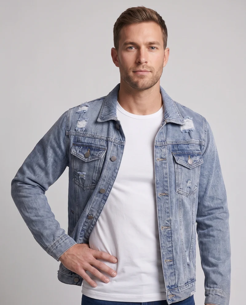 Herren Leichte Ripped-Denimjacke im Trucker-Schnitt mit Brustklappen Nord Taschen