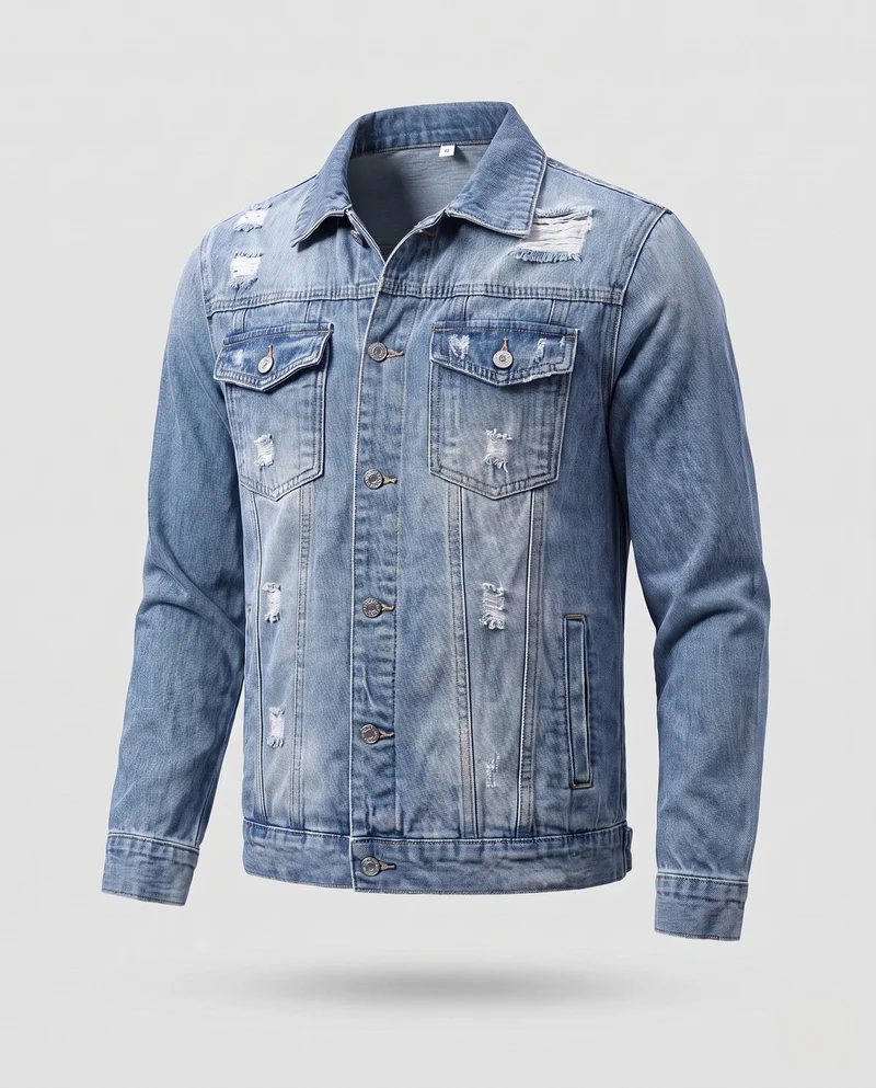 Herren Leichte Ripped-Denimjacke im Trucker-Schnitt mit Brustklappen Nord Taschen