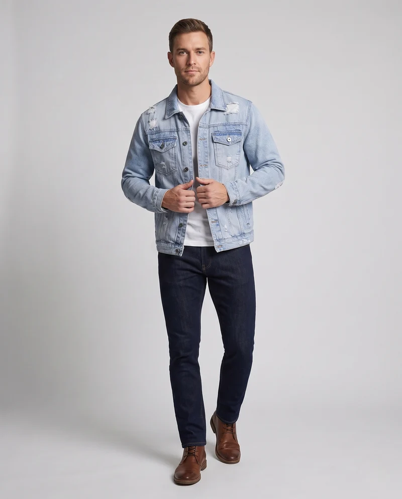 Herren Leichte Destroyed-Denim Truckerjacke aus Baumwollmix mit legerer Passform Nord Taschen