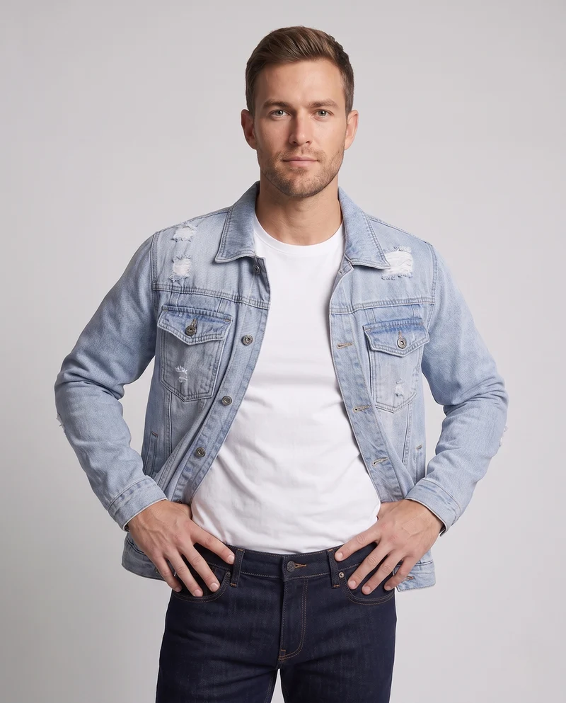 Herren Leichte Destroyed-Denim Truckerjacke aus Baumwollmix mit legerer Passform Nord Taschen