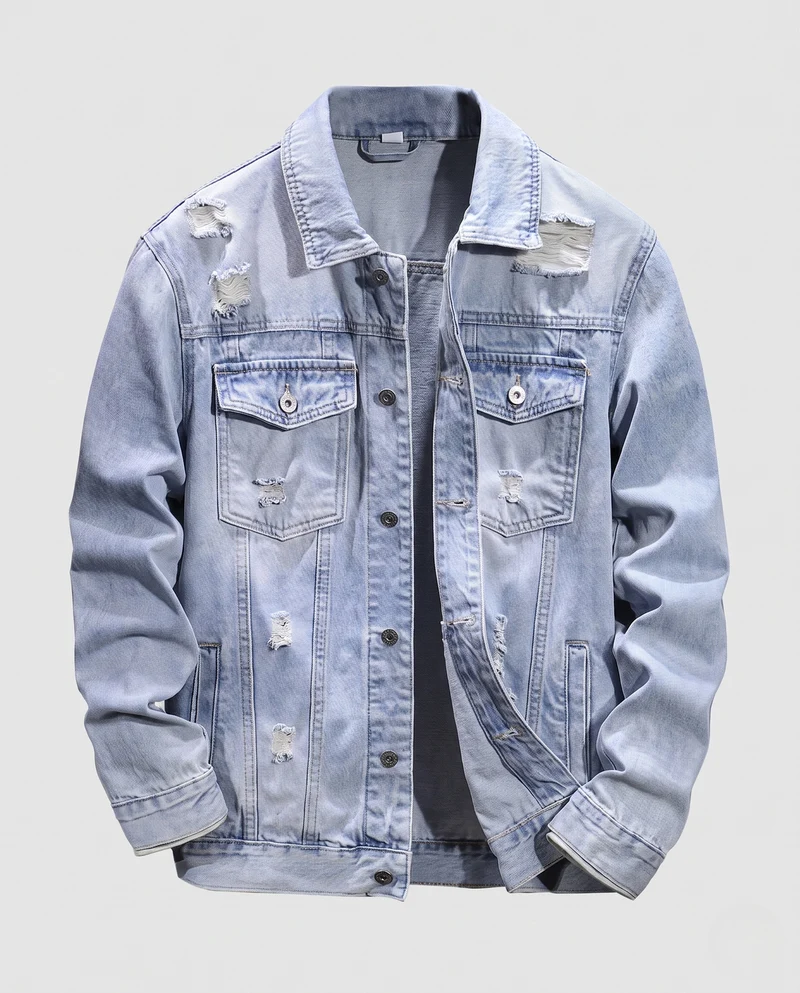 Herren Leichte Destroyed-Denim Truckerjacke aus Baumwollmix mit legerer Passform Nord Taschen