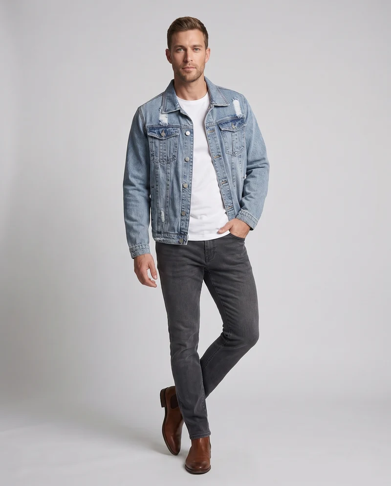 Herren Leichte Denim-Workerjacke mit dezentem Destroyed-Look und geradem Schnitt Nord Taschen