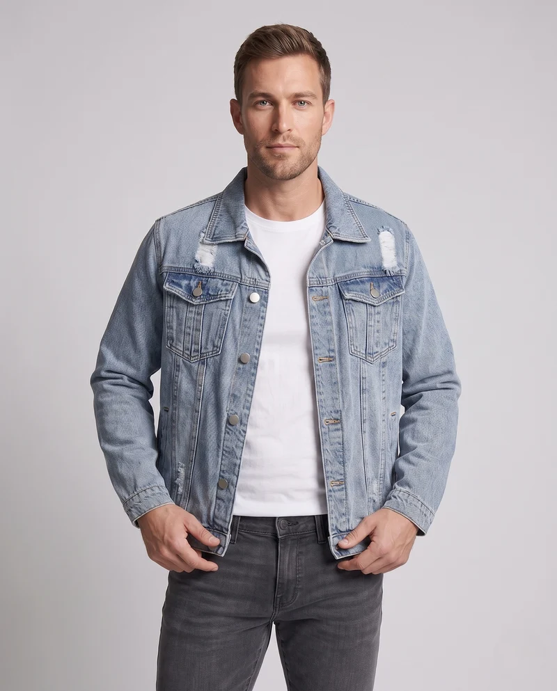 Herren Leichte Denim-Workerjacke mit dezentem Destroyed-Look und geradem Schnitt Nord Taschen