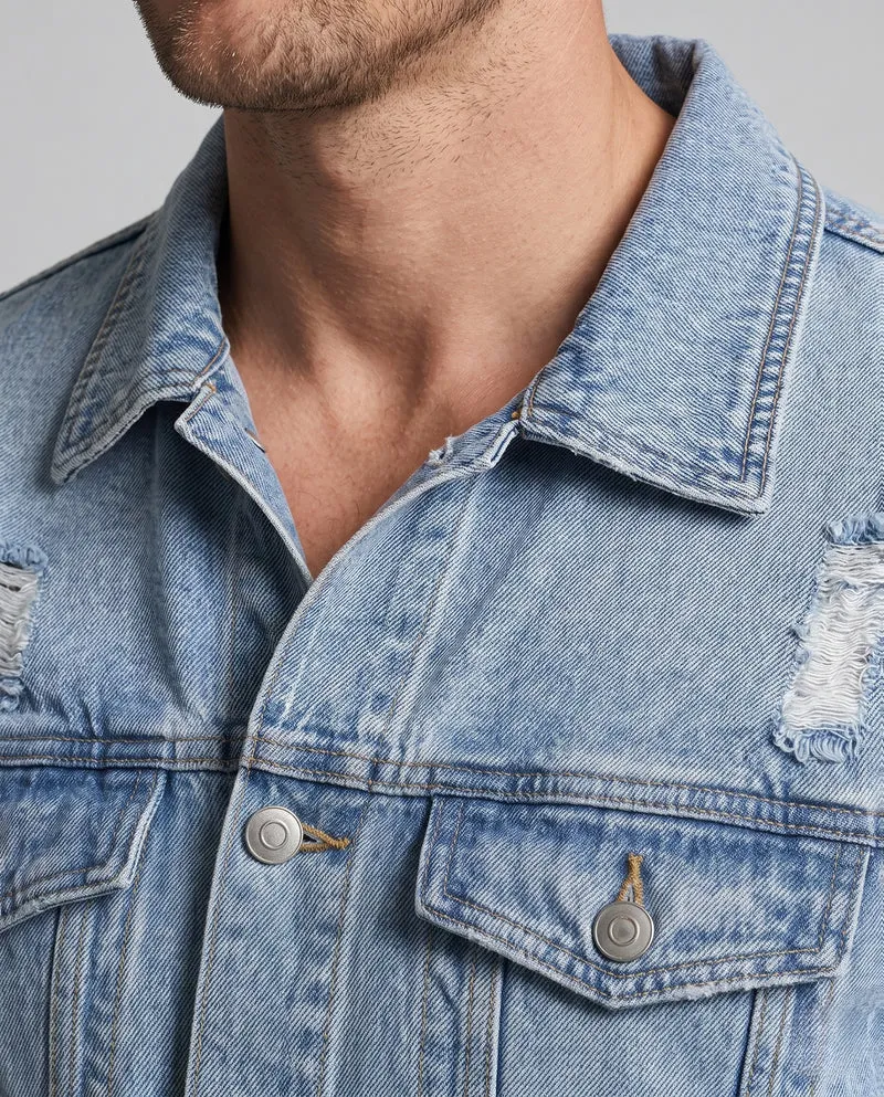 Herren Leichte Denim-Workerjacke mit dezentem Destroyed-Look und geradem Schnitt Nord Taschen