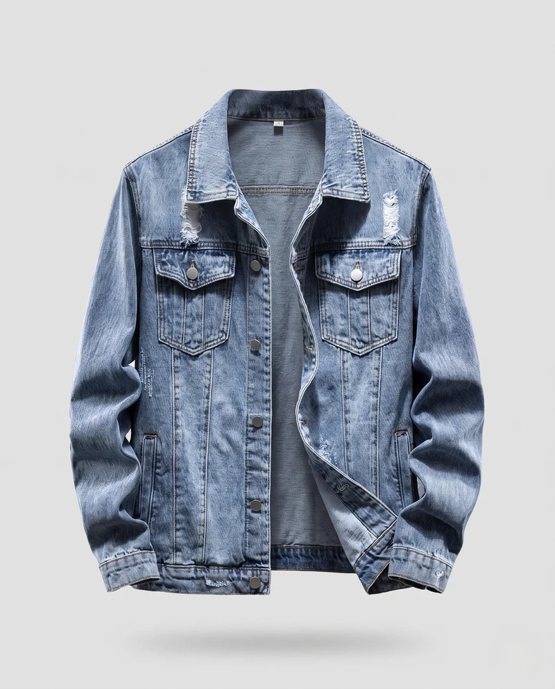 Herren Leichte Denim-Workerjacke mit dezentem Destroyed-Look und geradem Schnitt Nord Taschen