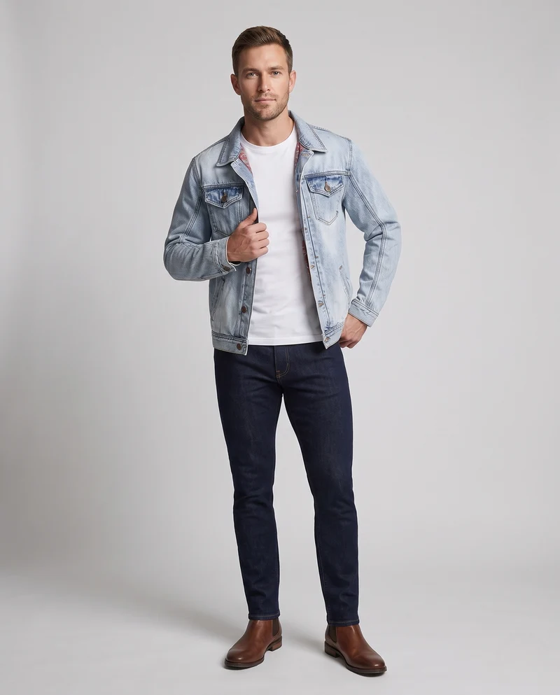 Herren lässige Denim‑Truckerjacke mit Paisley‑Innenfutter und geradem Schnitt Nord Taschen