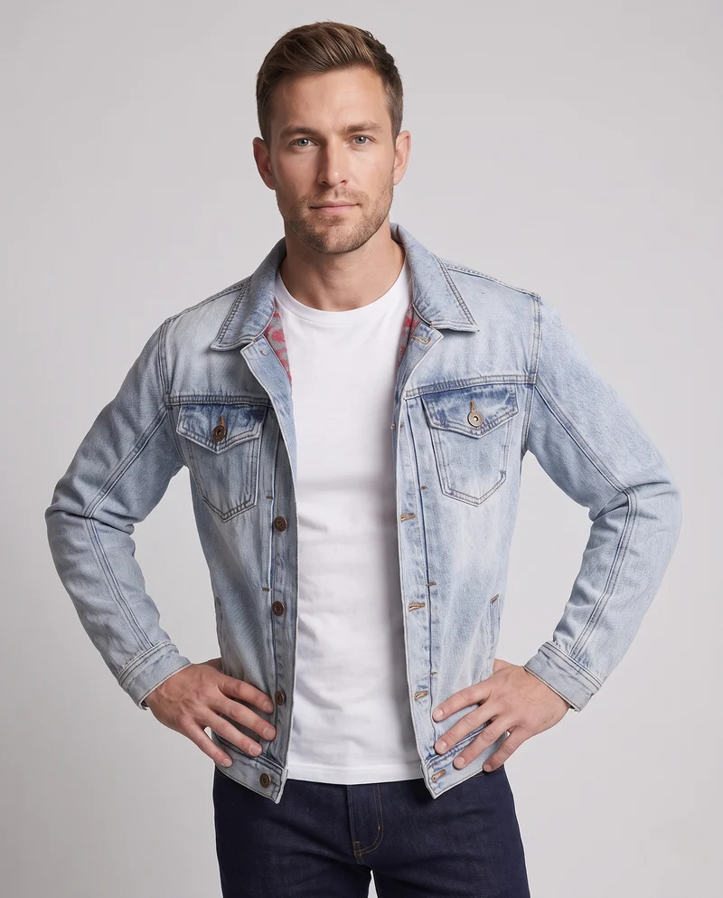 Herren lässige Denim‑Truckerjacke mit Paisley‑Innenfutter und geradem Schnitt Nord Taschen