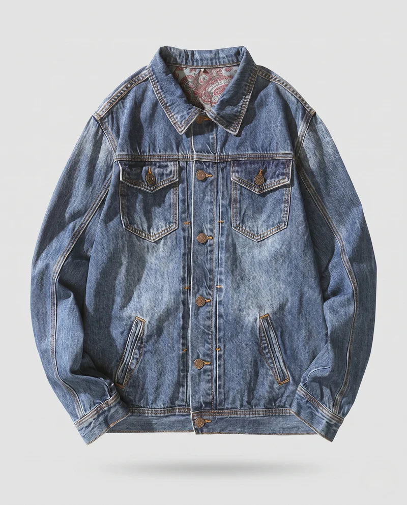 Herren lässige Denim‑Truckerjacke mit Paisley‑Innenfutter und geradem Schnitt Nord Taschen