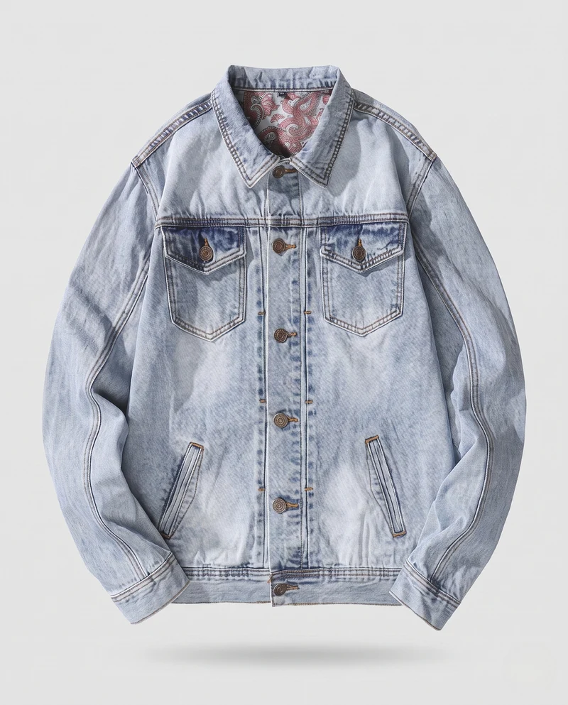 Herren lässige Denim‑Truckerjacke mit Paisley‑Innenfutter und geradem Schnitt Nord Taschen