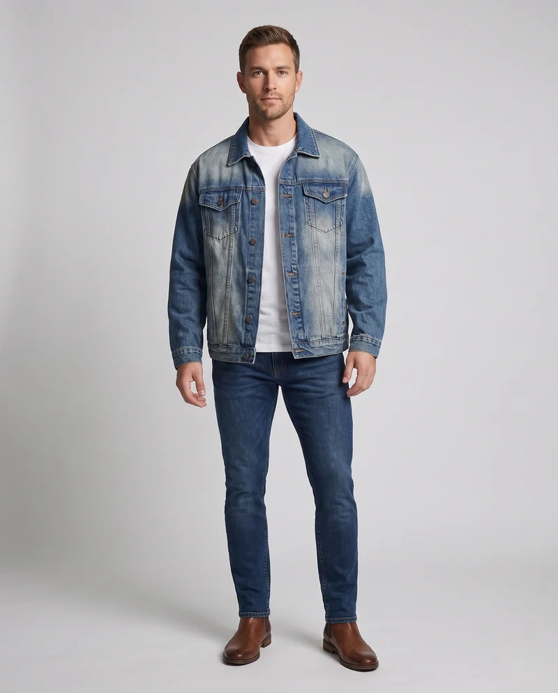 Herren Lässig geschnittene Denim-Workerjacke mit zweifarbiger Waschung und Brustklappen Nord Taschen