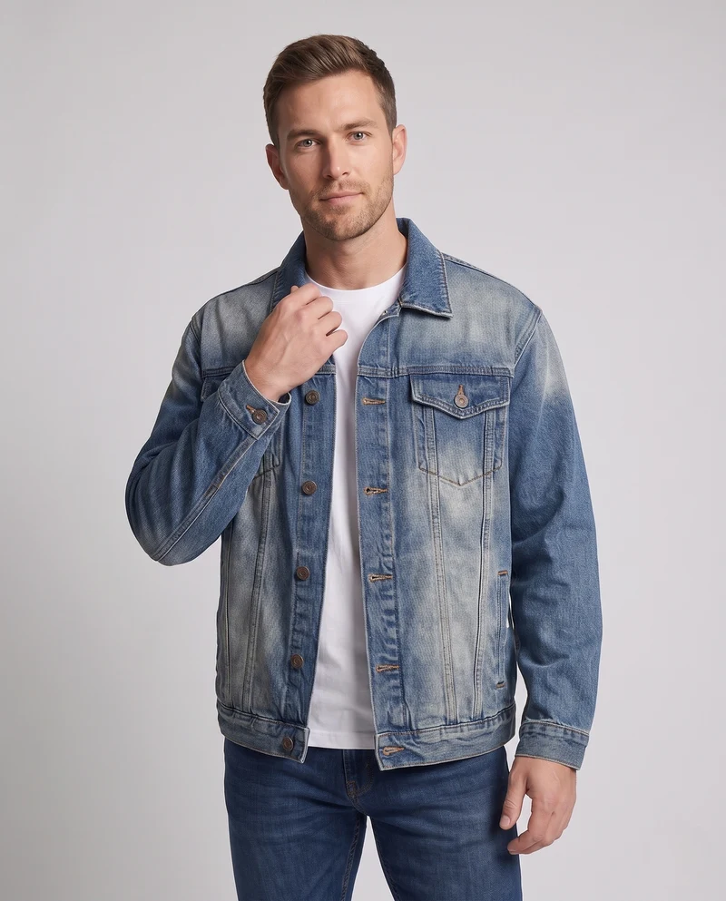 Herren Lässig geschnittene Denim-Workerjacke mit zweifarbiger Waschung und Brustklappen Nord Taschen