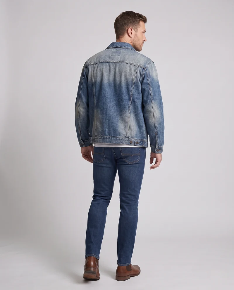 Herren Lässig geschnittene Denim-Workerjacke mit zweifarbiger Waschung und Brustklappen Nord Taschen