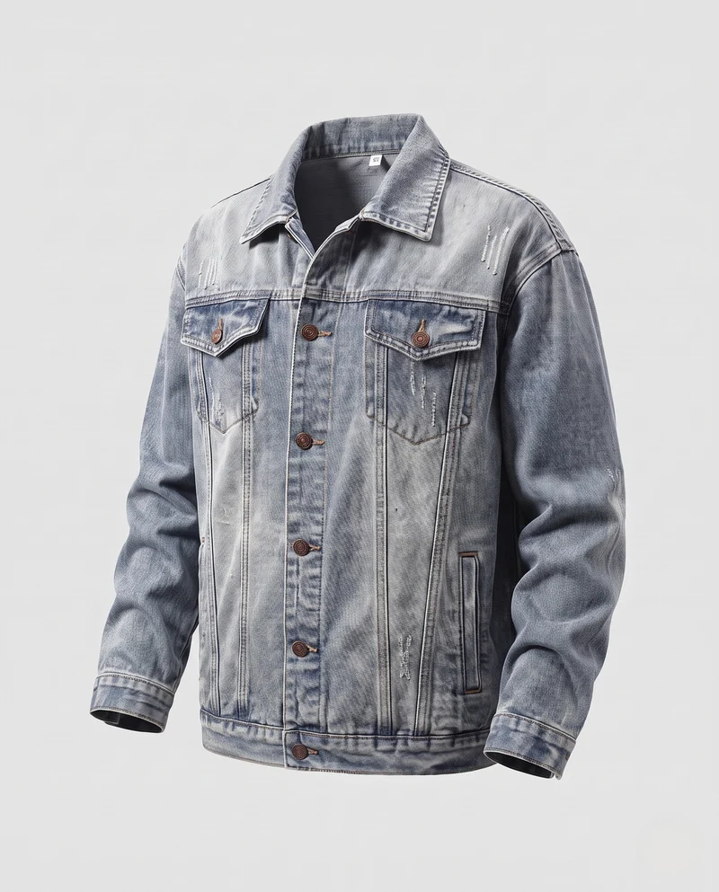 Herren Lässig geschnittene Denim-Workerjacke mit zweifarbiger Waschung und Brustklappen Nord Taschen