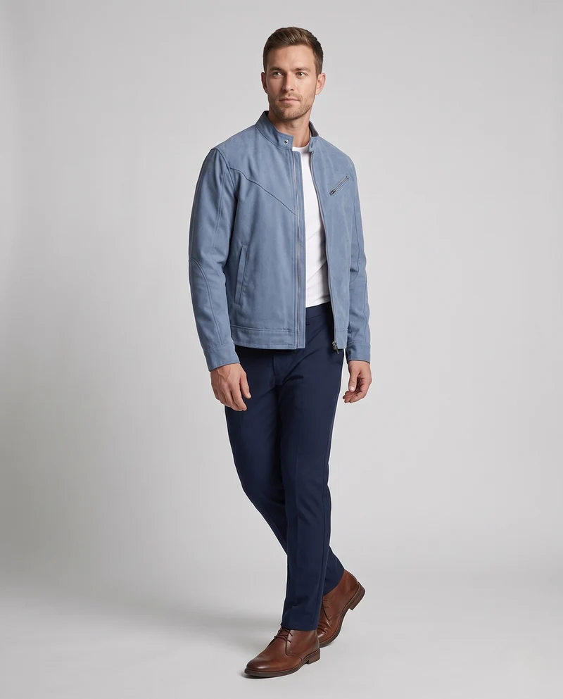Herren Kurze Relaxed-Denimjacke mit Stehkragen, diagonaler Brustreißverschluss und Drop-Shoulder Nord Taschen