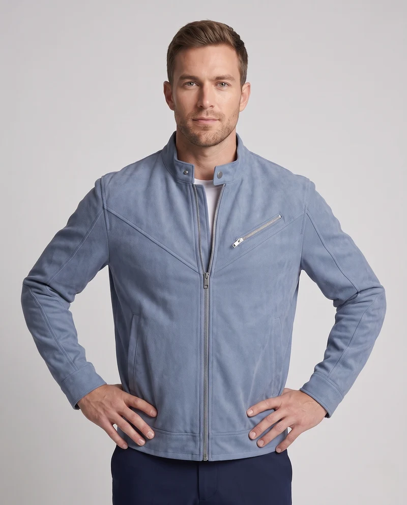 Herren Kurze Relaxed-Denimjacke mit Stehkragen, diagonaler Brustreißverschluss und Drop-Shoulder Nord Taschen