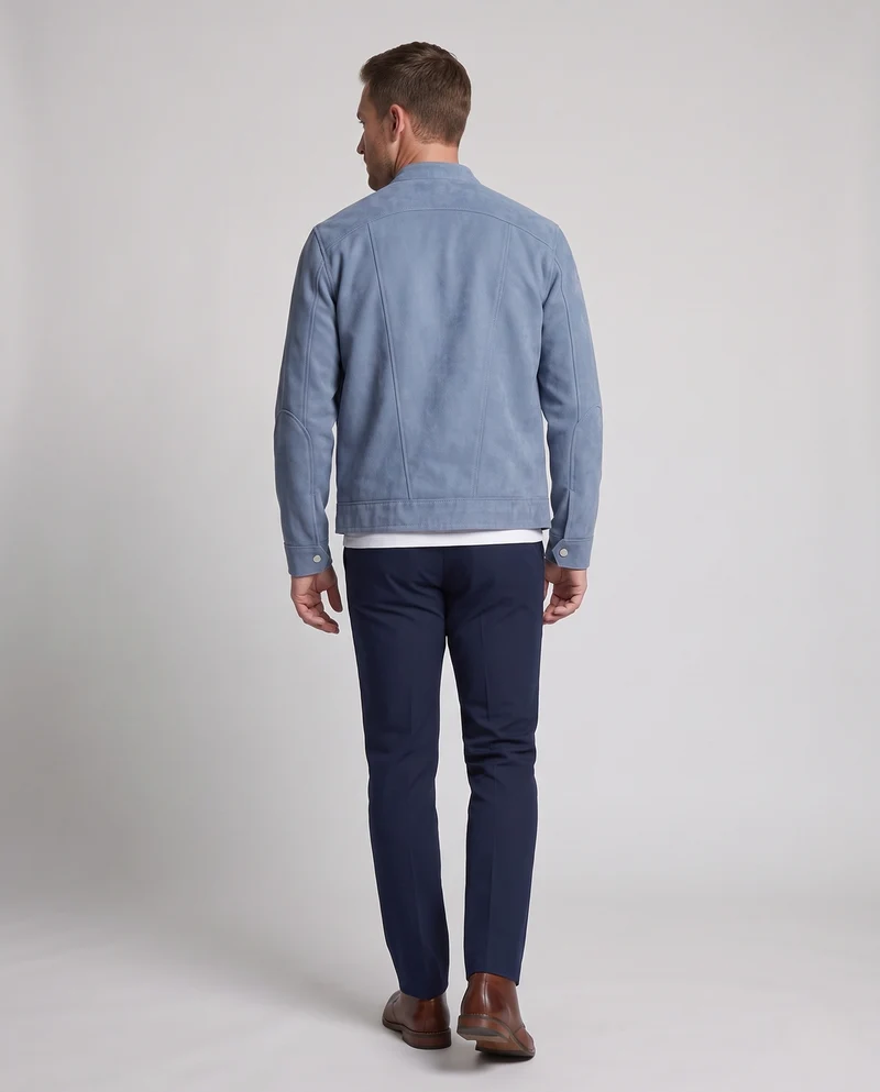 Herren Kurze Relaxed-Denimjacke mit Stehkragen, diagonaler Brustreißverschluss und Drop-Shoulder Nord Taschen