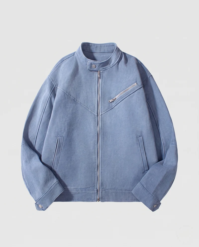 Herren Kurze Relaxed-Denimjacke mit Stehkragen, diagonaler Brustreißverschluss und Drop-Shoulder Nord Taschen