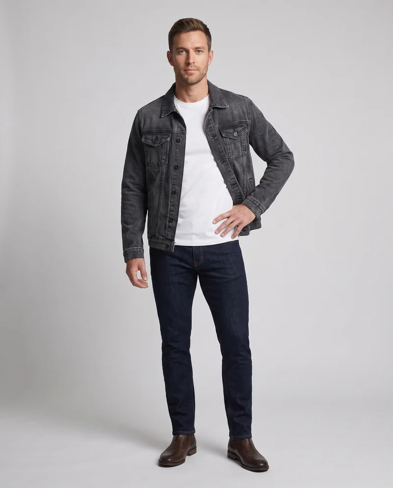 Herren Kurz geschnittene Denimjacke aus Baumwollmix im Vintage‑Washed‑Trucker‑Stil mit Pattentaschen Nord Taschen
