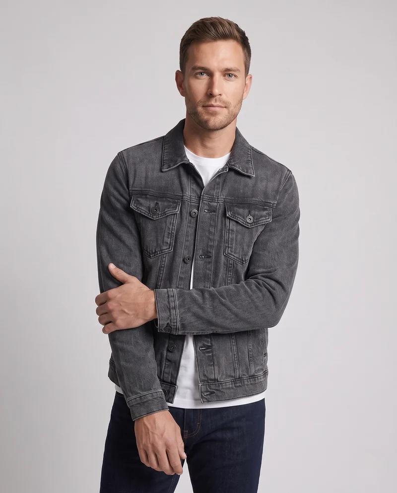 Herren Kurz geschnittene Denimjacke aus Baumwollmix im Vintage‑Washed‑Trucker‑Stil mit Pattentaschen Nord Taschen