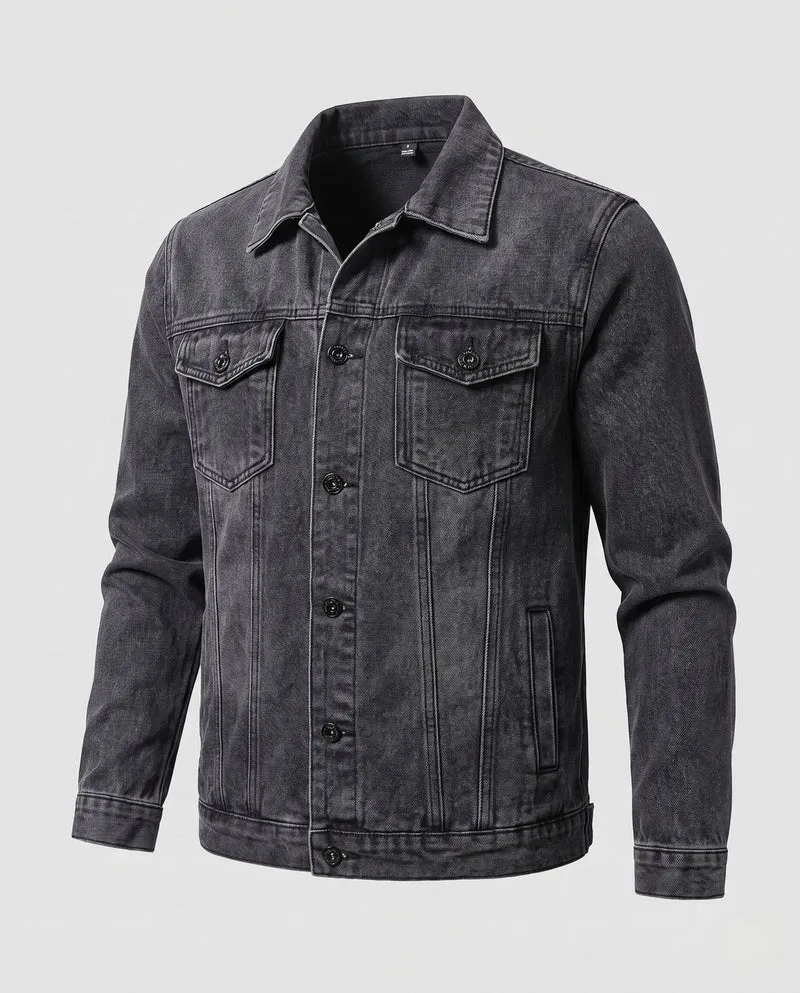 Herren Kurz geschnittene Denimjacke aus Baumwollmix im Vintage‑Washed‑Trucker‑Stil mit Pattentaschen Nord Taschen