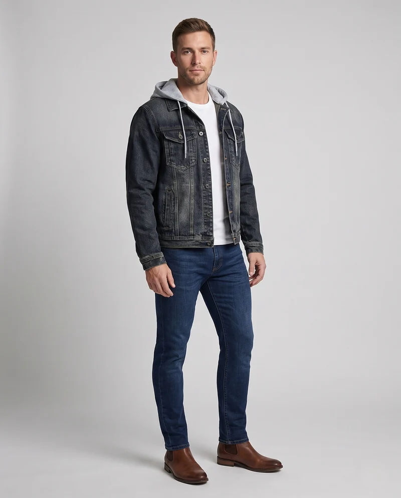 Herren Kombination-Denimjacke im Overshirt-Look mit fest integrierter Sweat-Kapuze und Vintage-Waschung Nord Taschen