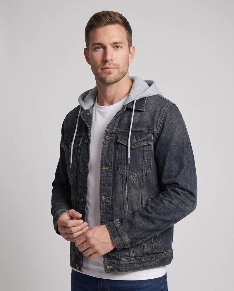 Herren Kombination-Denimjacke im Overshirt-Look mit fest integrierter Sweat-Kapuze und Vintage-Waschung Nord Taschen