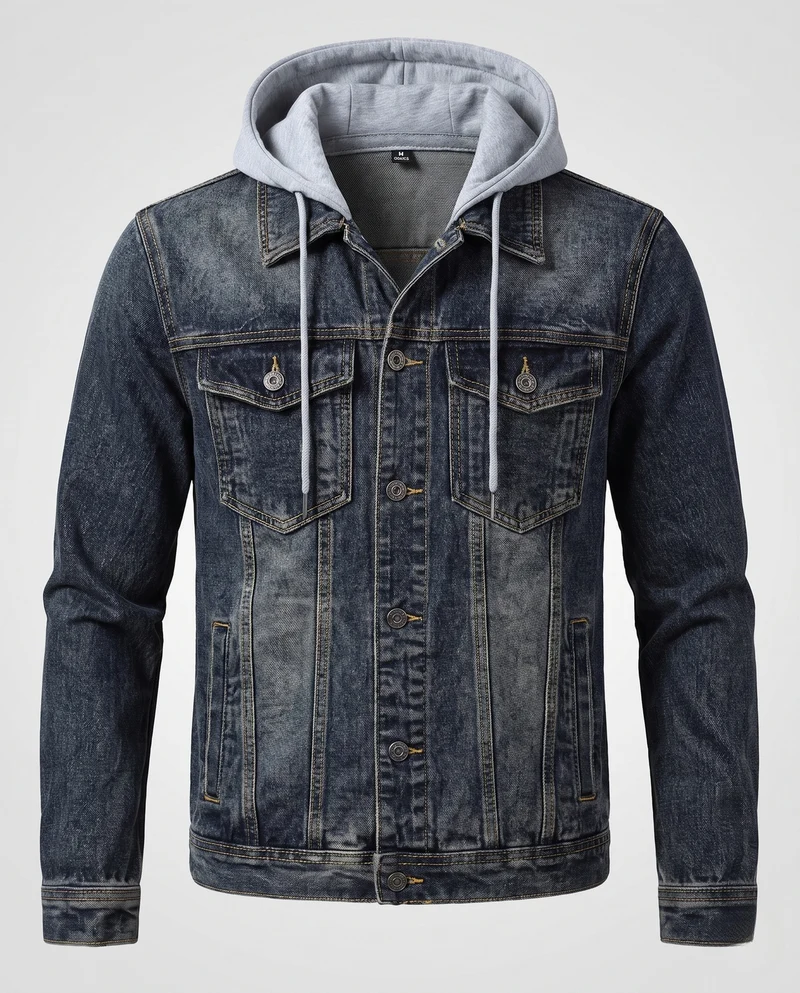 Herren Kombination-Denimjacke im Overshirt-Look mit fest integrierter Sweat-Kapuze und Vintage-Waschung Nord Taschen