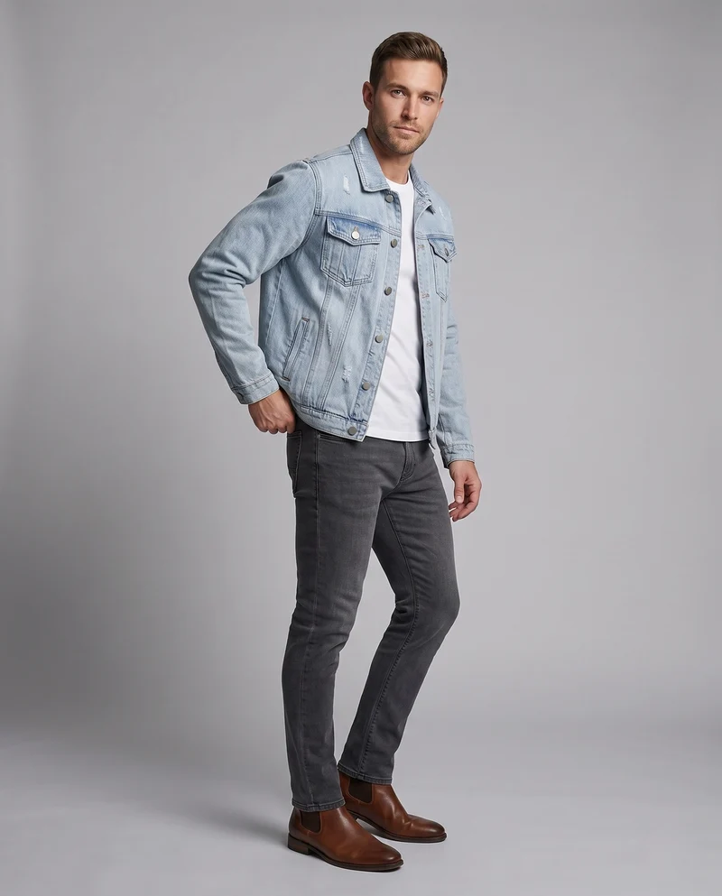 Herren Klassische Trucker-Denimjacke im Regular-Fit mit aufgesetzten Pattentaschen und leichter Used-Waschung Nord Taschen