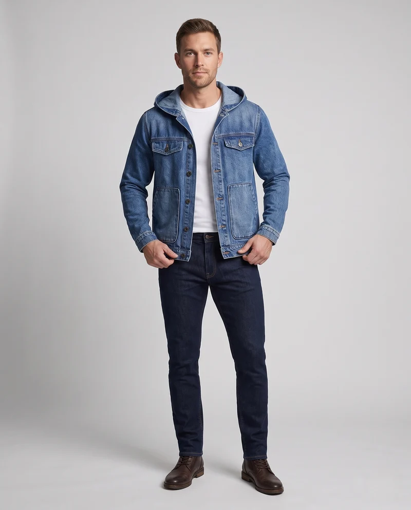 Herren Kapuzen-Jeansjacke aus Baumwollmix mit aufgesetzten Taschen und klassischem Trucker-Schnitt Nord Taschen