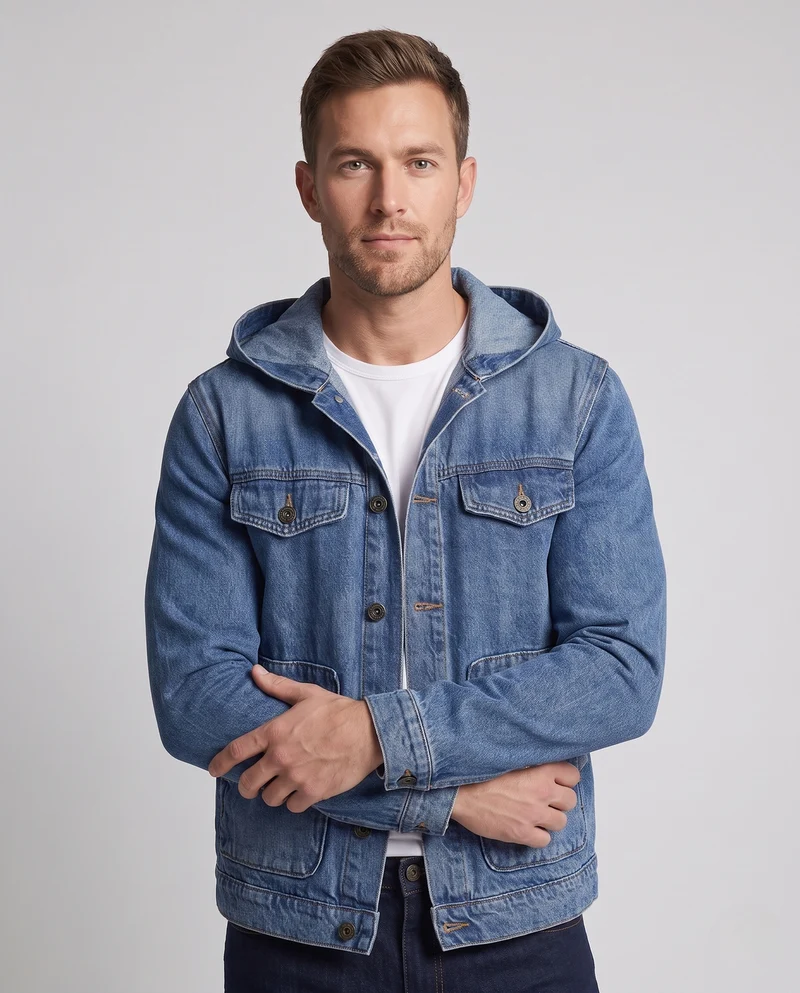 Herren Kapuzen-Jeansjacke aus Baumwollmix mit aufgesetzten Taschen und klassischem Trucker-Schnitt Nord Taschen