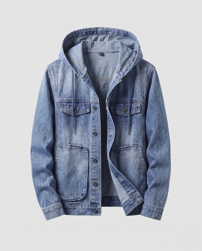 Herren Kapuzen-Jeansjacke aus Baumwollmix mit aufgesetzten Taschen und klassischem Trucker-Schnitt Nord Taschen
