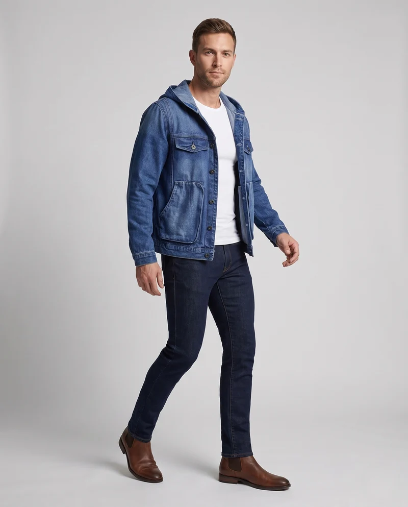 Herren Kapuzen-Denimjacke im Trucker‑Look mit aufgesetzten Taschen Nord Taschen