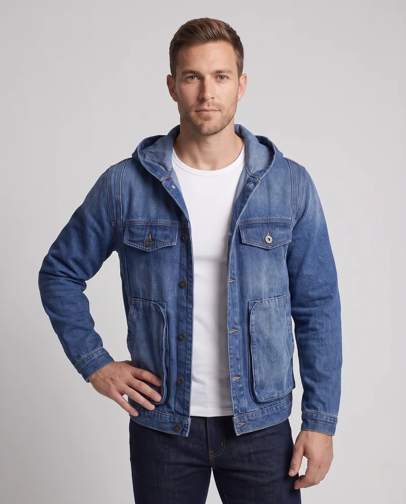 Herren Kapuzen-Denimjacke im Trucker‑Look mit aufgesetzten Taschen Nord Taschen