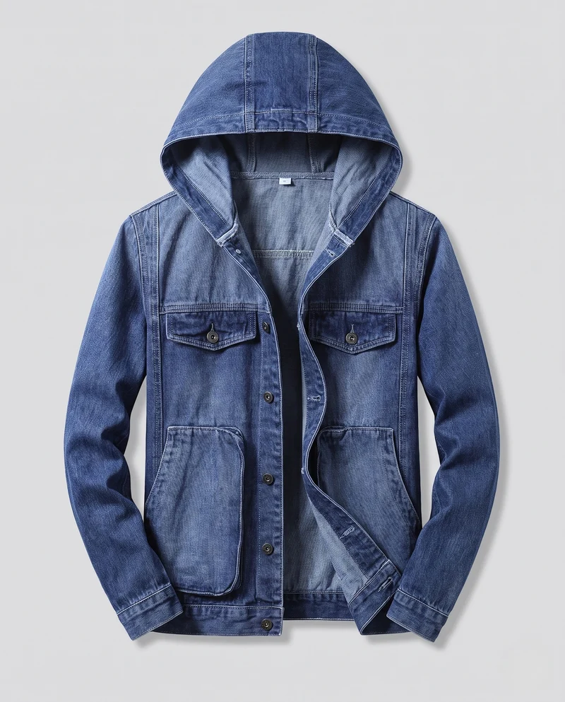 Herren Kapuzen-Denimjacke im Trucker‑Look mit aufgesetzten Taschen Nord Taschen