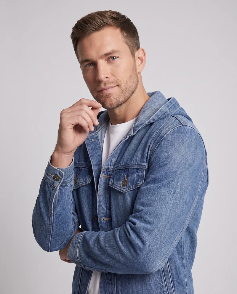 Herren Kapuzen-Denimjacke im Trucker‑Look mit aufgesetzten Fronttaschen Nord Taschen