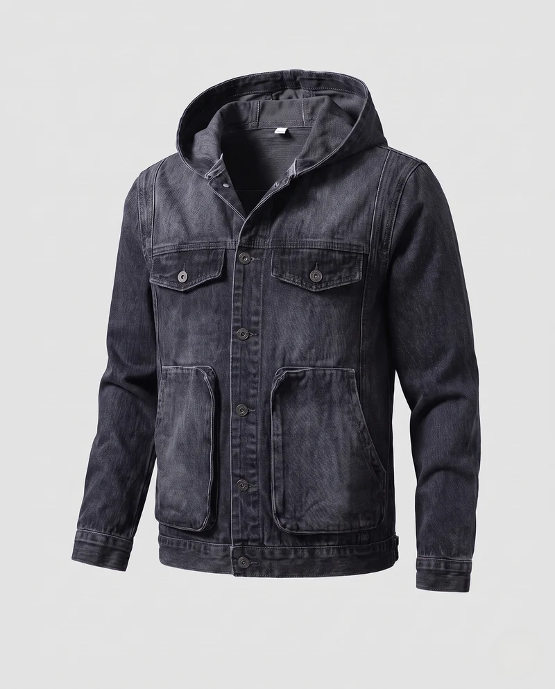 Herren Kapuzen-Denimjacke im Trucker‑Look mit aufgesetzten Fronttaschen Nord Taschen